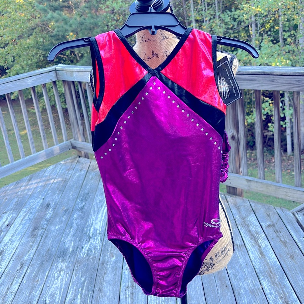 NWT GK Elite Dreamlight Gymnastics Leotard Leo Adult M plum orange rhinestones